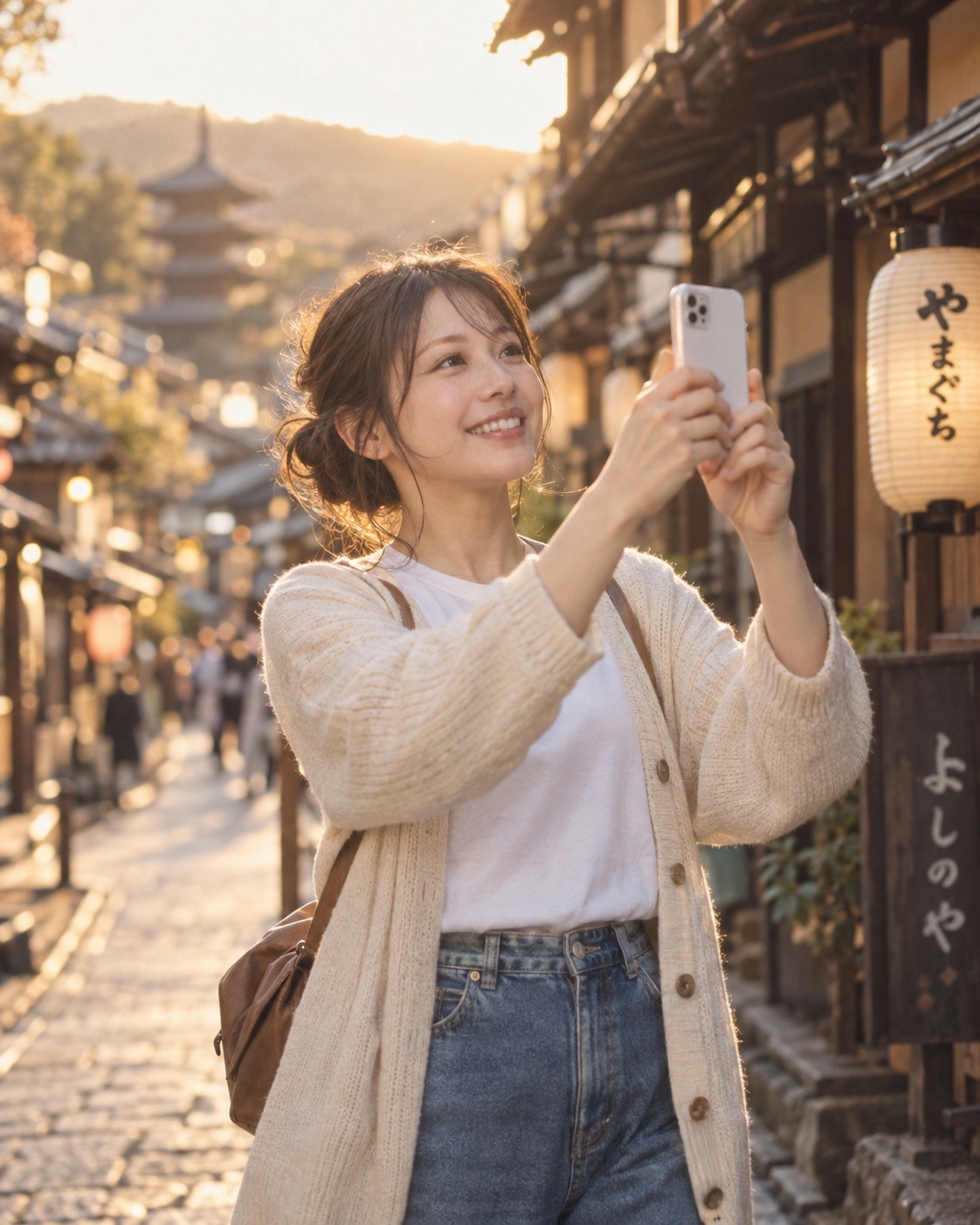 京都でスマホを構える女性